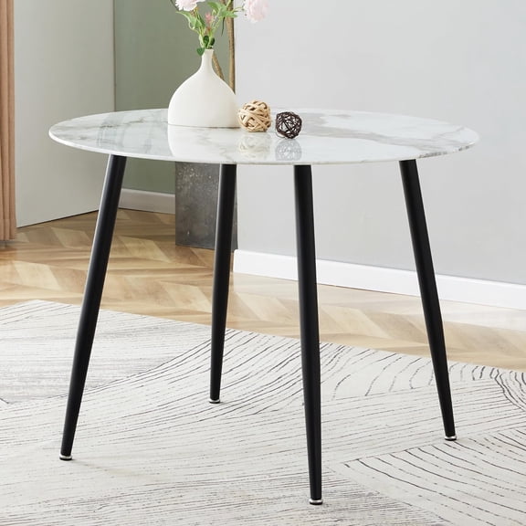 40" Modern Round Dining Table,Marble Tempered Glass Top with Sturdy Black Metal Legs,Sleek Design Coffee Table,Minimalist Glass Kitchen Table for Dining Room,Living Room,or Cafe(White,40")