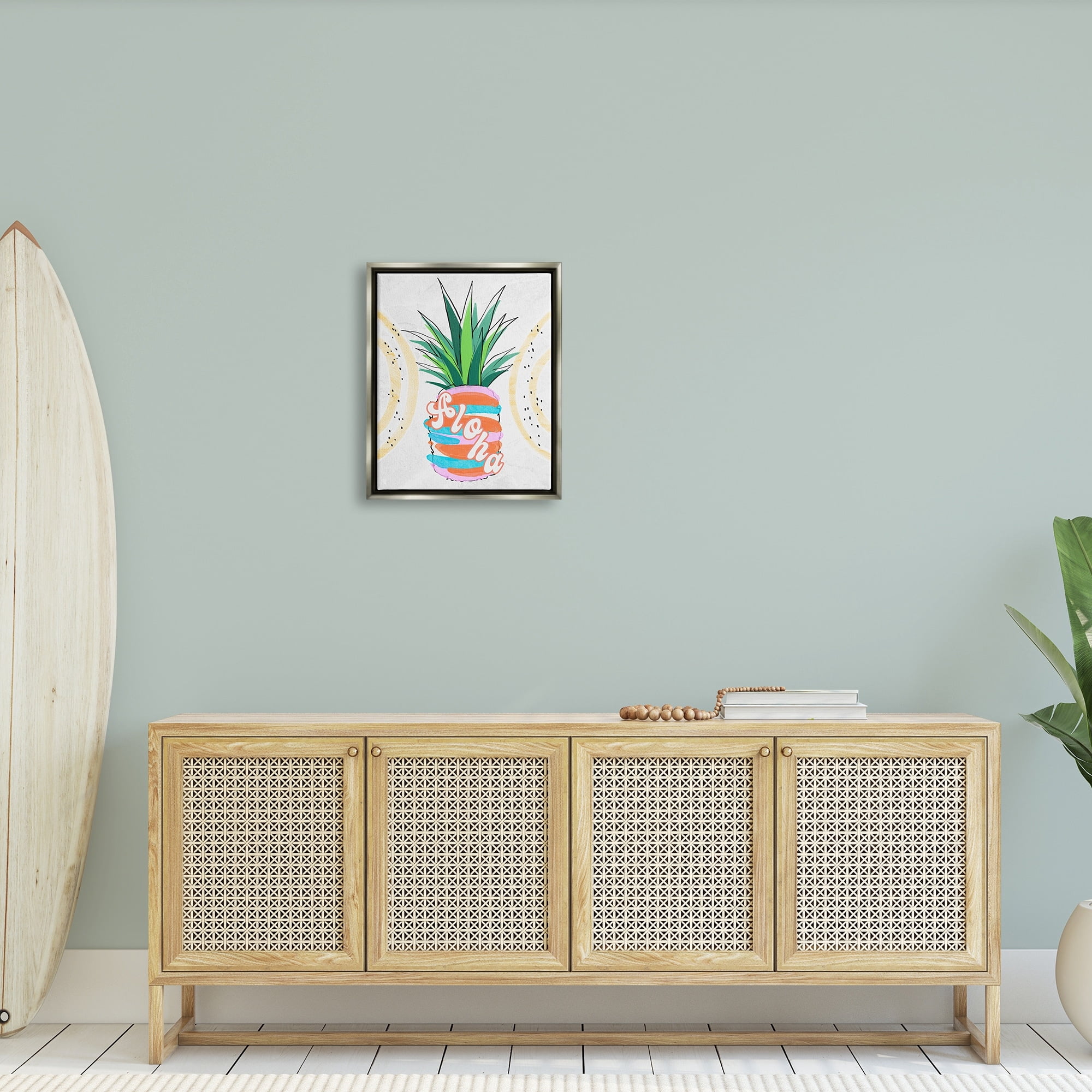 Stupell Industries Tropical Aloha Pineapple Bold Leaves Groovy Text Graphic Art Luster Gray Floating Framed Canvas Print Wall Art, Design by Ziwei Li