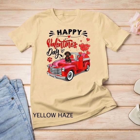 Kiraa Tee With Cute Dachshund Dog Red Truck Happy Valentine'S Day Valentine Unisex T-Shirt Birthday Gifts; For Men & Women