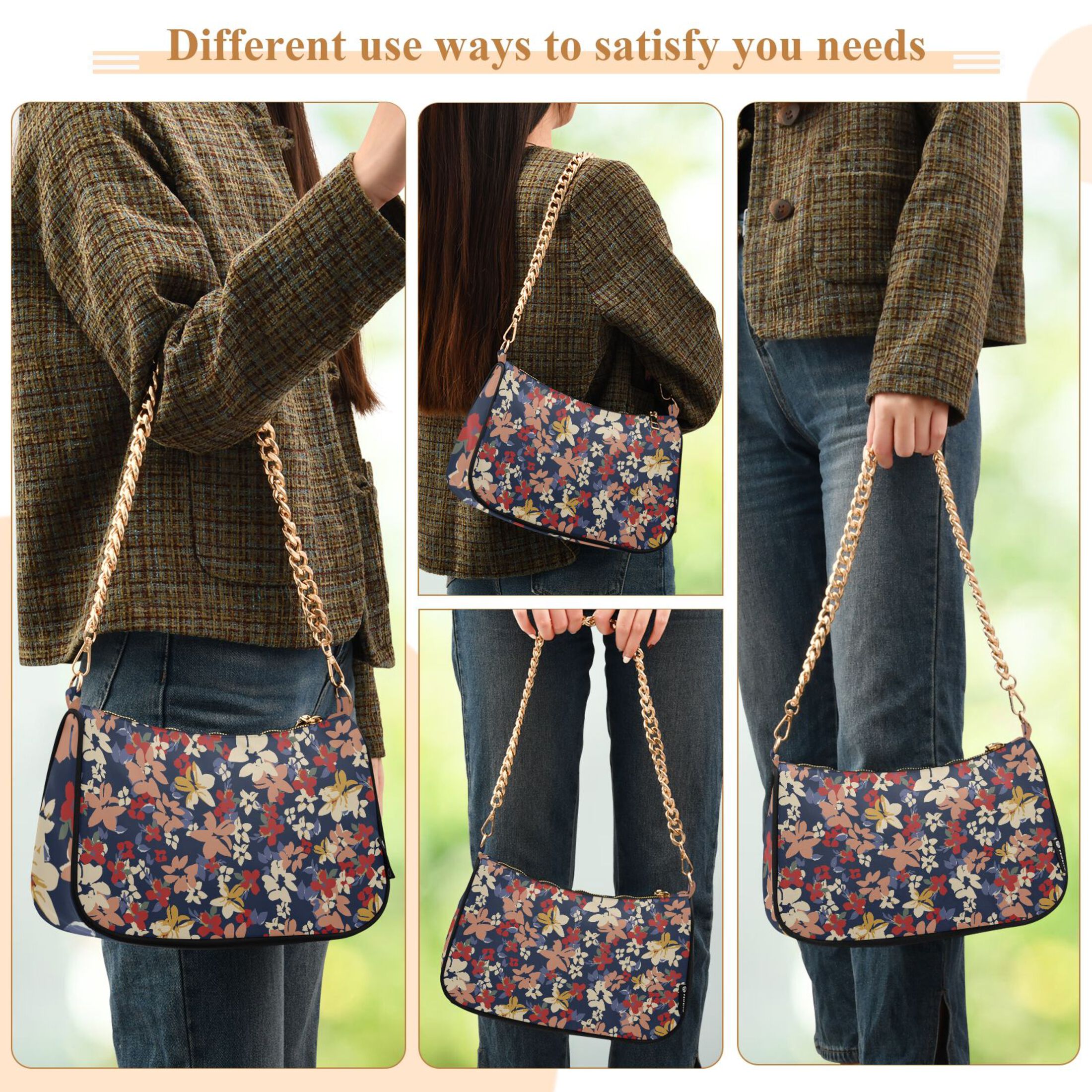 Autumn Cute Tiny Flowers Womens Chain Shoulder Bag Tote Handbag Clutch Hobo Purse with Zipper for Travel Casual
