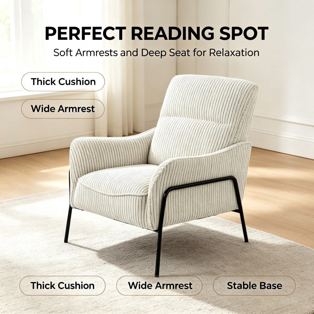 Modern Striped Accent Chair, Upholstered Armchair with Black Metal Frame, Padded Lounge & Reading Chair with Lumbar Pillow for Living Room, Bedroom & Office, Grey