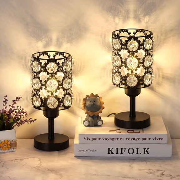 Crystal Table Lamp Set of 2, Modern Bedside Table Lamp with Crystal Lampshade, Small Nightstand Lamp Side Table Lamp, for Bedroom Living Room Office Decor