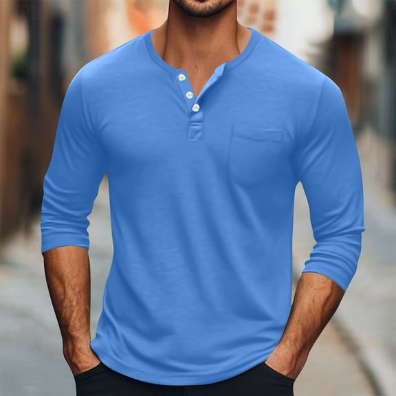 Mens Henley Shirts Long Sleeve Fashion Tee Shirts Slim Fit Buttons T-Shirts Casual Basic Pullover Top Blue L