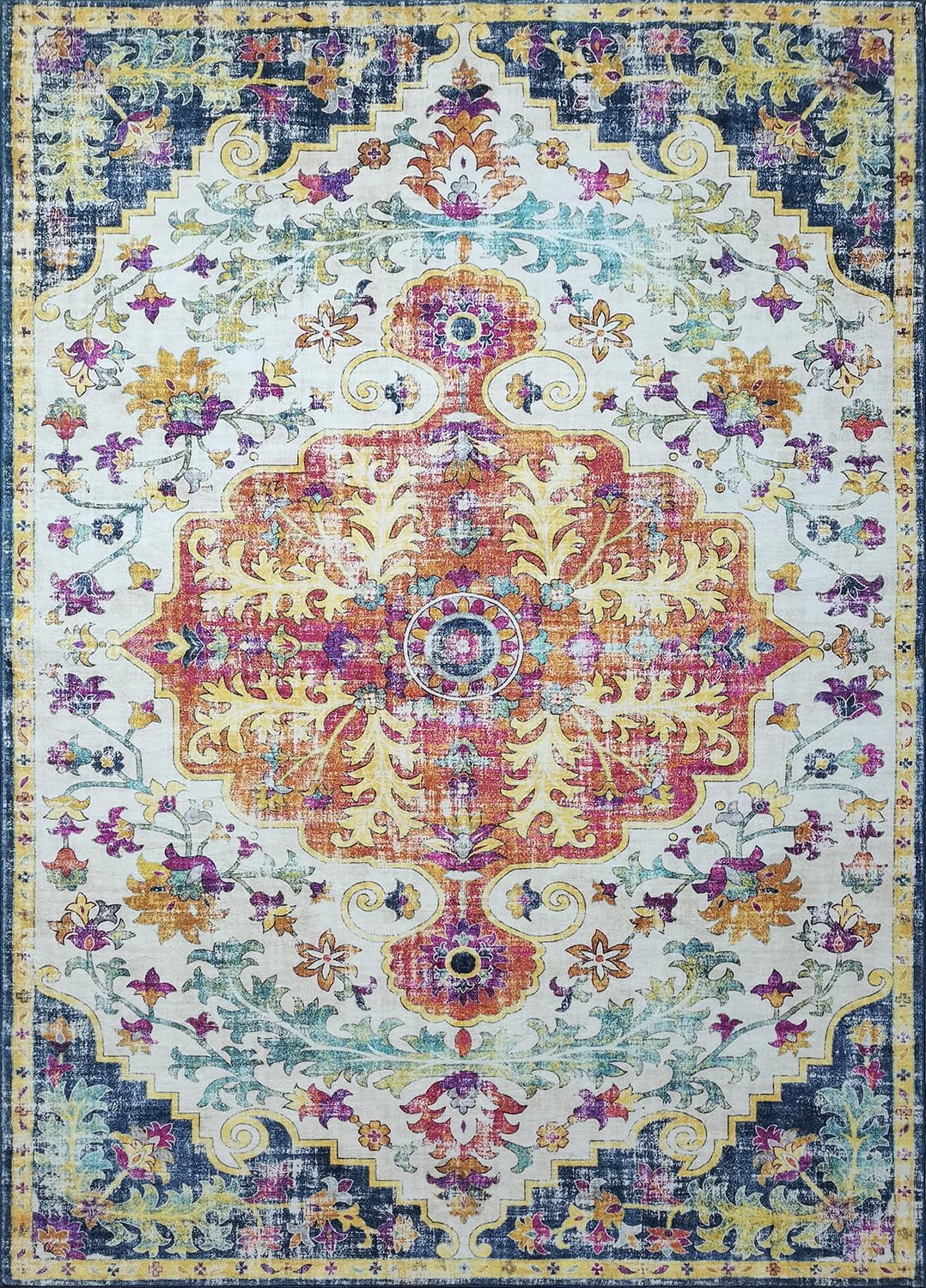 METSAVAIM 4x6 Rug – Bohemian Area Rug for Living Room & Bedroom | Ultra Soft, Non Slip Backing, Machine Washable for Easy Cleaning | Boho Rug ideal for Indoor & Outdoor Use – Blue & Multi
