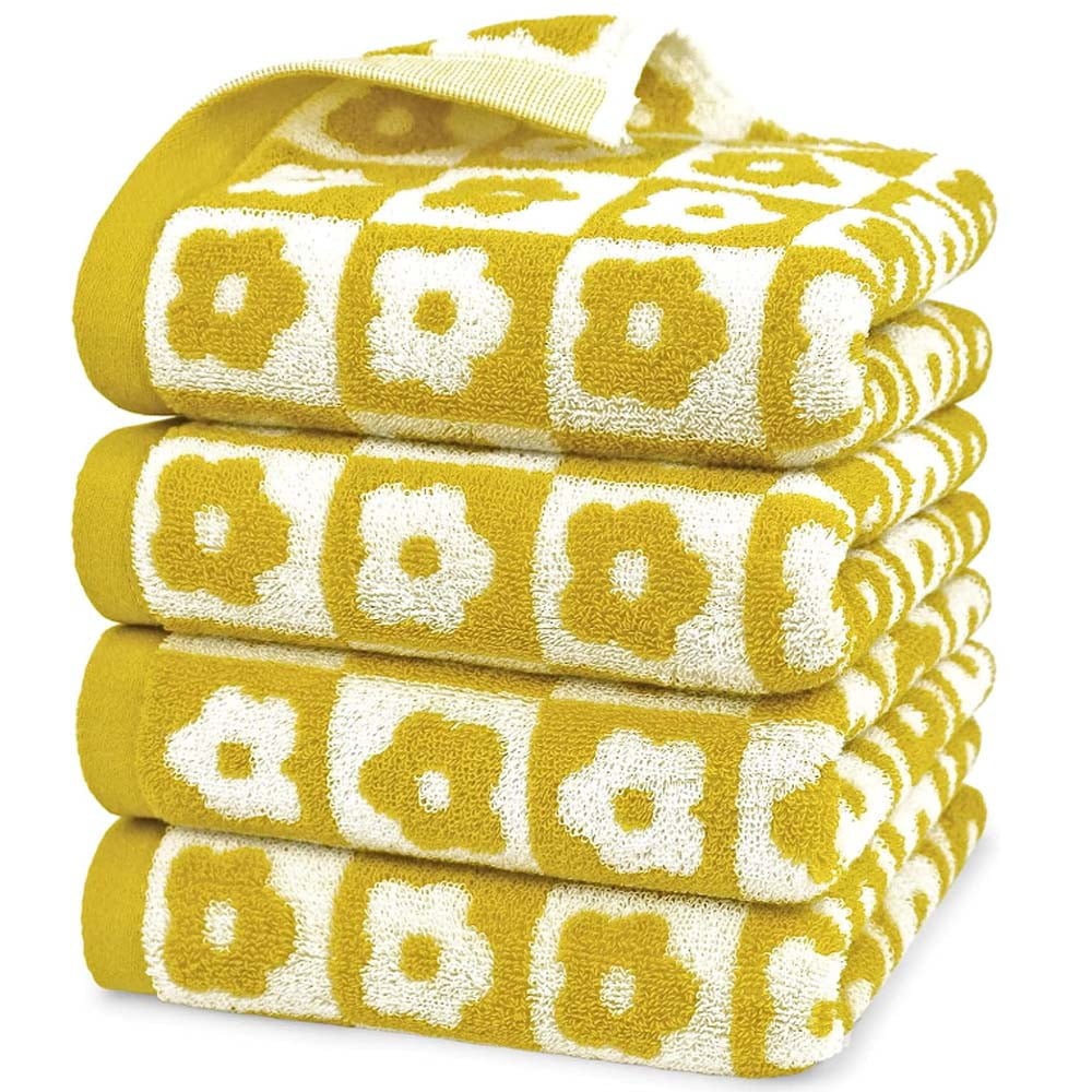 4 Pack Retro Fashion Floral Bath Towel, Checkerboard Fashion Bath