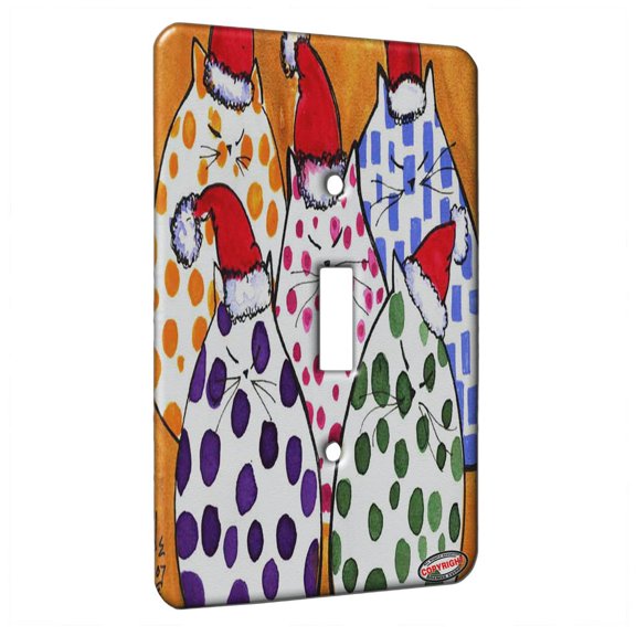 KuzmarK™ Single Gang Toggle Switch Wall Plate - Polka Dot Chunky Kitties in Santa Hats Christmas Cat Art by Denise Every