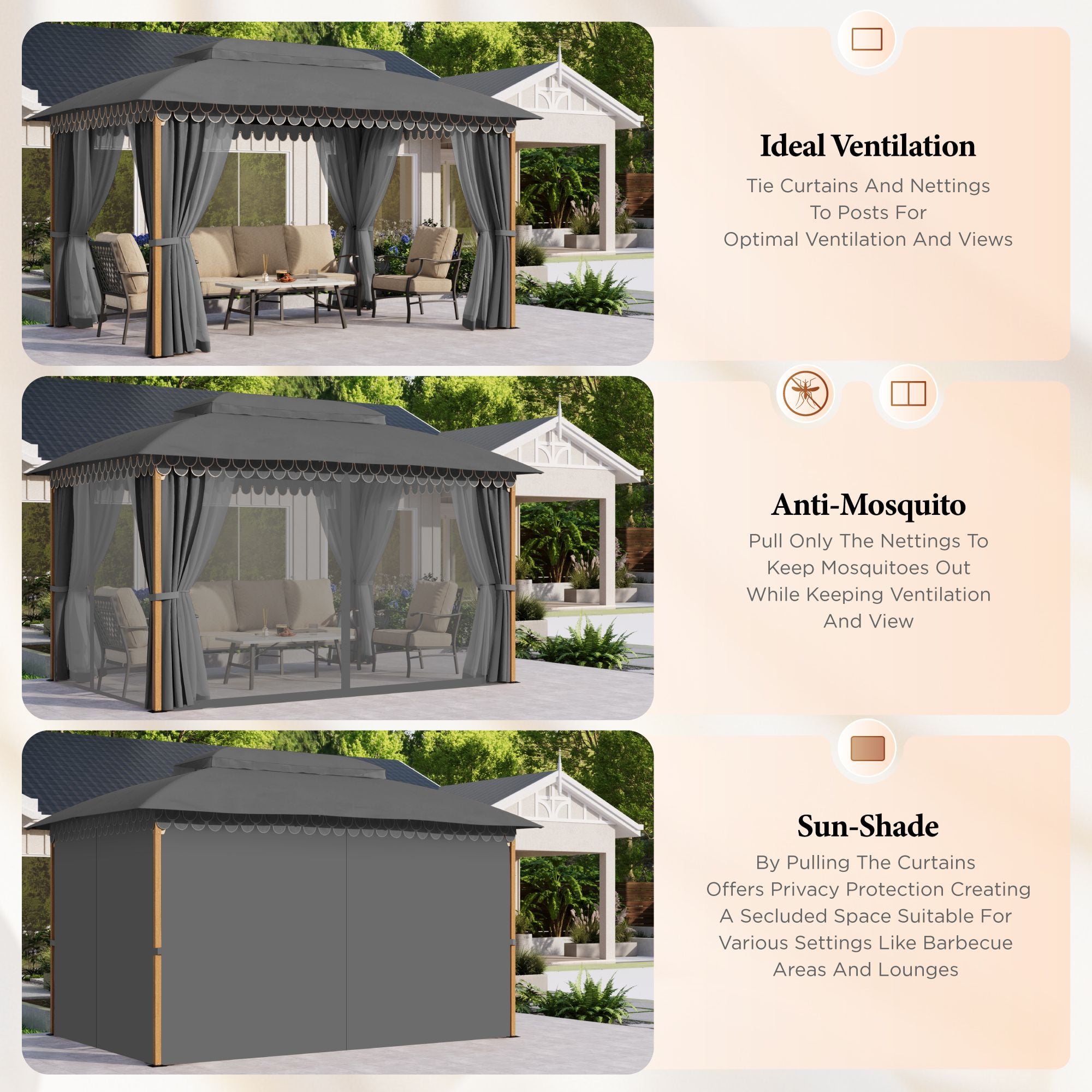 Summit Living 10'x13' Outdoor Patio Gazebo Heavy Duty Gazebos Canopy Shelter with Double Roofs Mosquito Netting and Privacy Screens for Outside - Gray