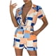 thumbnail image 1 of Traje pequeño de verano con cuello en V para mujer, traje pequeño con solapa a cuadros, manga corta, estampado, cinturón en contraste, pantalones cortos de una pieza Pompotops  qwe23181, 1 of 5