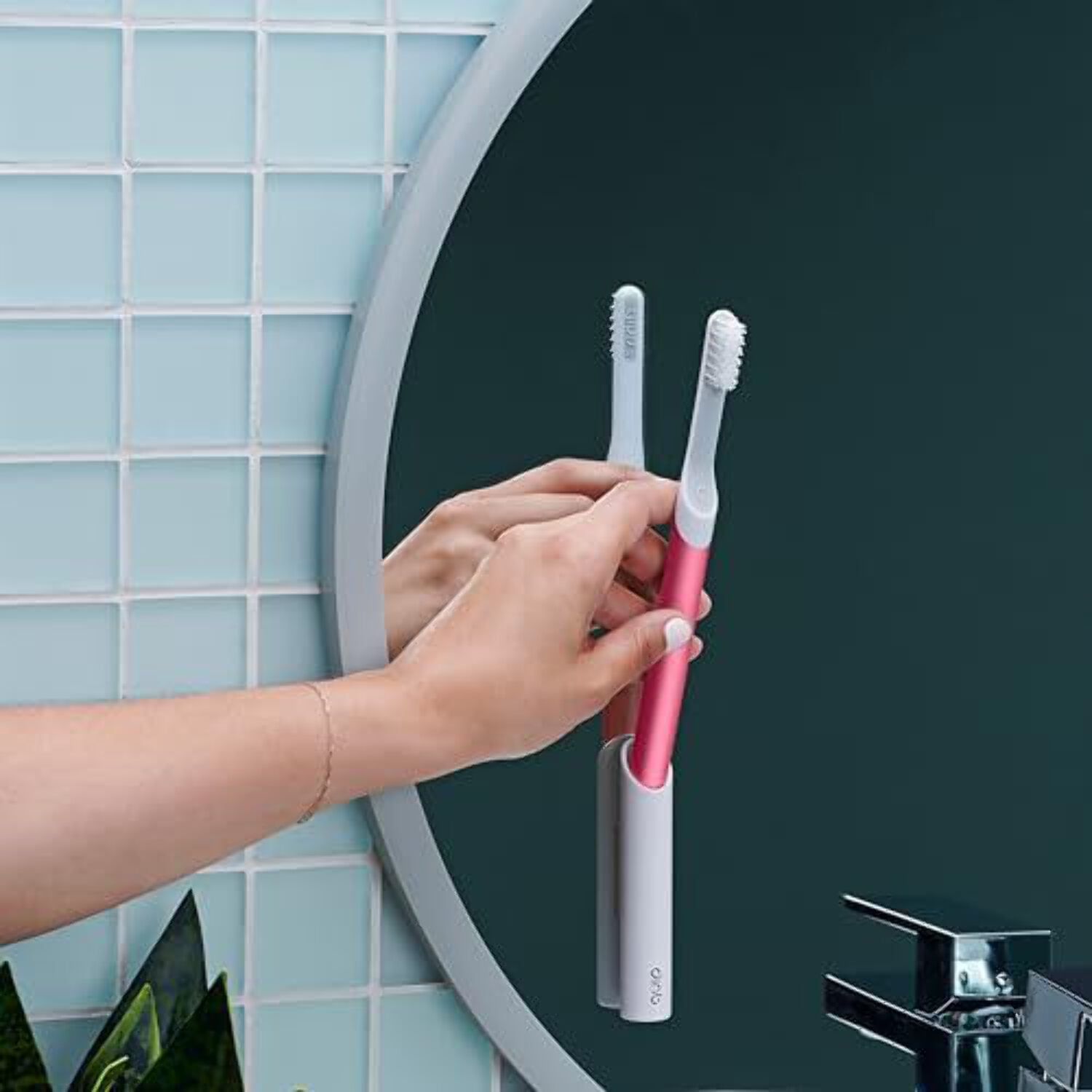 Quip Sonic Toothbrush for Adults, Timed Electric Brush with Soft Bristles, Replaceable Head, Pink Metal Handle, Travel Cover