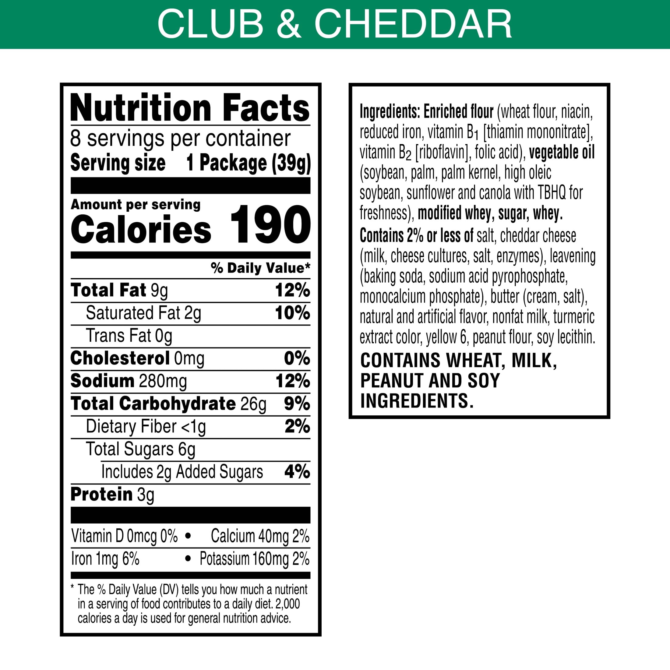 Keebler Club and Cheddar Sandwich Crackers, Single Serve Snack Crackers, 8 Count