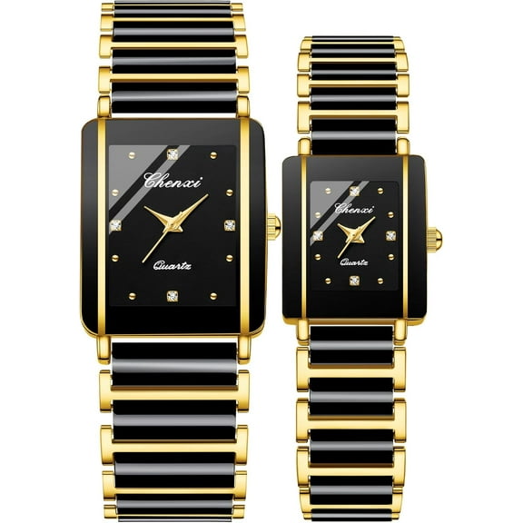 Vintage Couple Watches Men and Women Matching Quartz Watch Square Ceramic His and Hers Watches Set Pair Watches Diamond Waterproof
