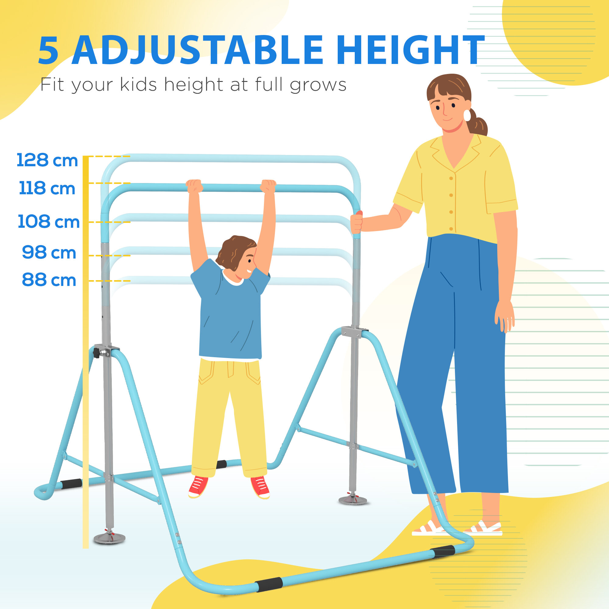 Qaba Folding Gymnastics Bar for Kids with Shock Absorption,Adjustable Gymnastics Horizontal Bar,Gymnastics Kip Bar for Home Use,Green,Green Steel Sports Fitness Exercise Equipment