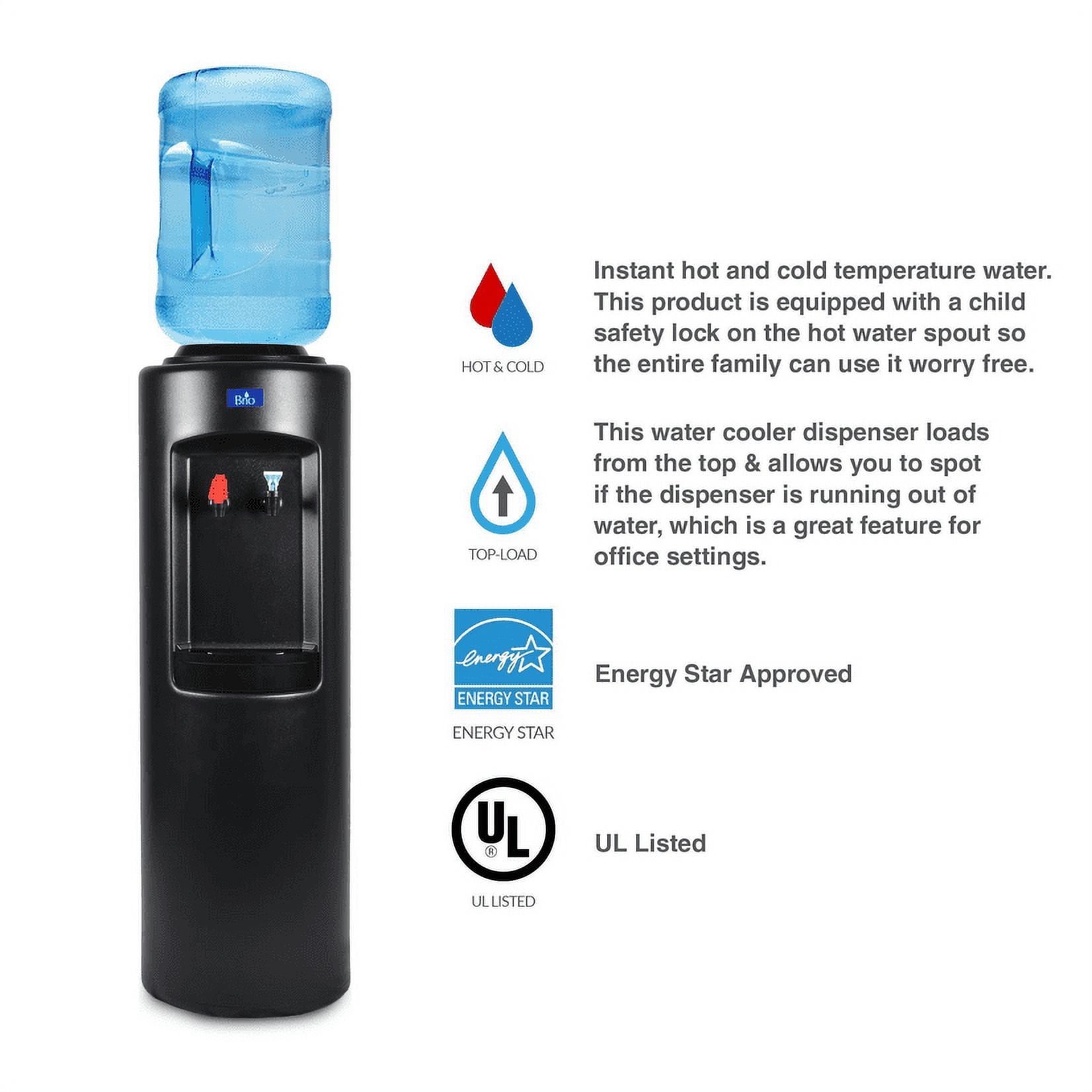 Brio CL520 Series Commercial Grade Top-Load Hot and Cold 39-194 Degrees Temperature Range Water Cooler Dispenser With Child Safety Lock Holds 3-5 Gallon Bottles - UL Listed/Energy Star Approved