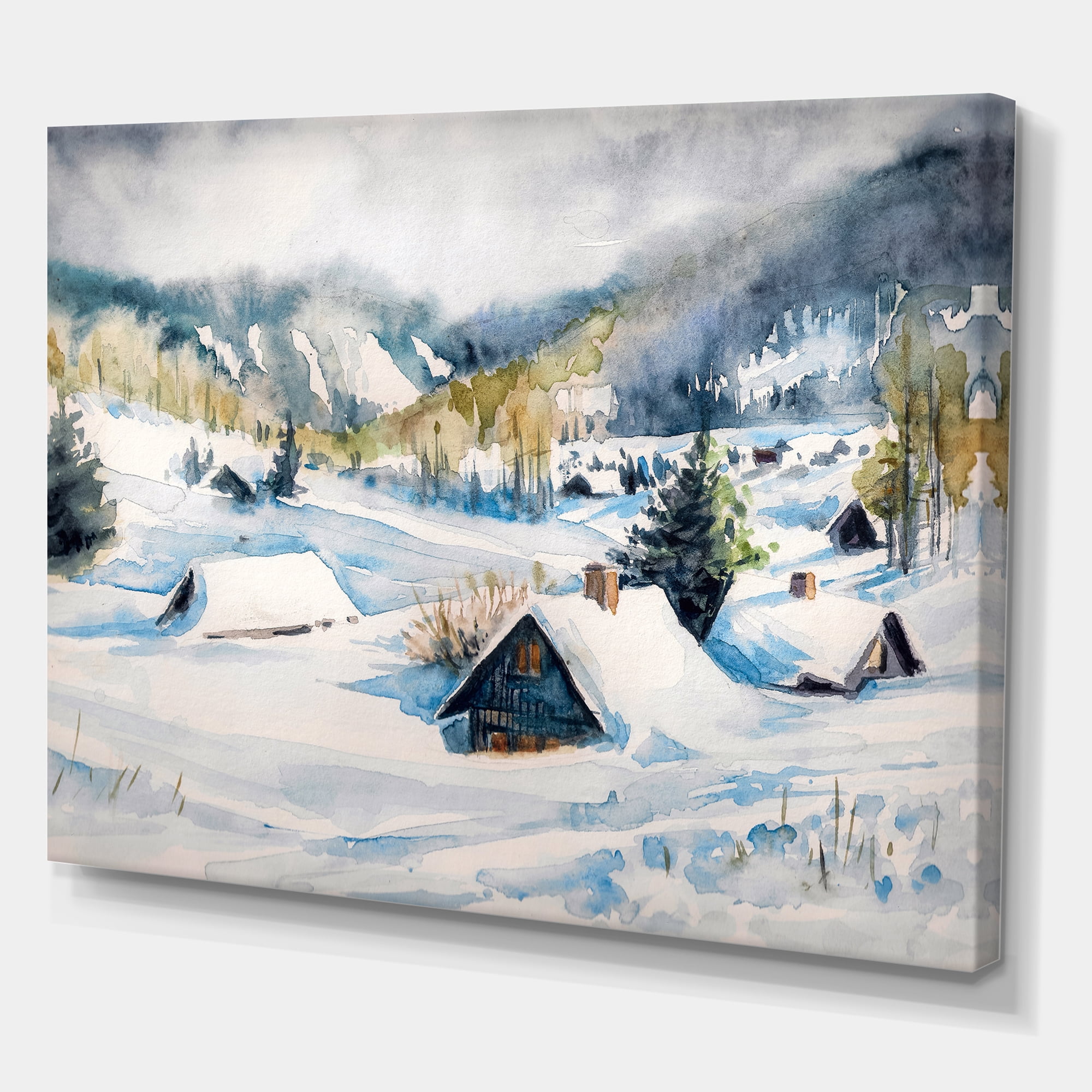 Winter In Mountain Village 12 in x 8 in Painting Canvas Art Print, by Designart