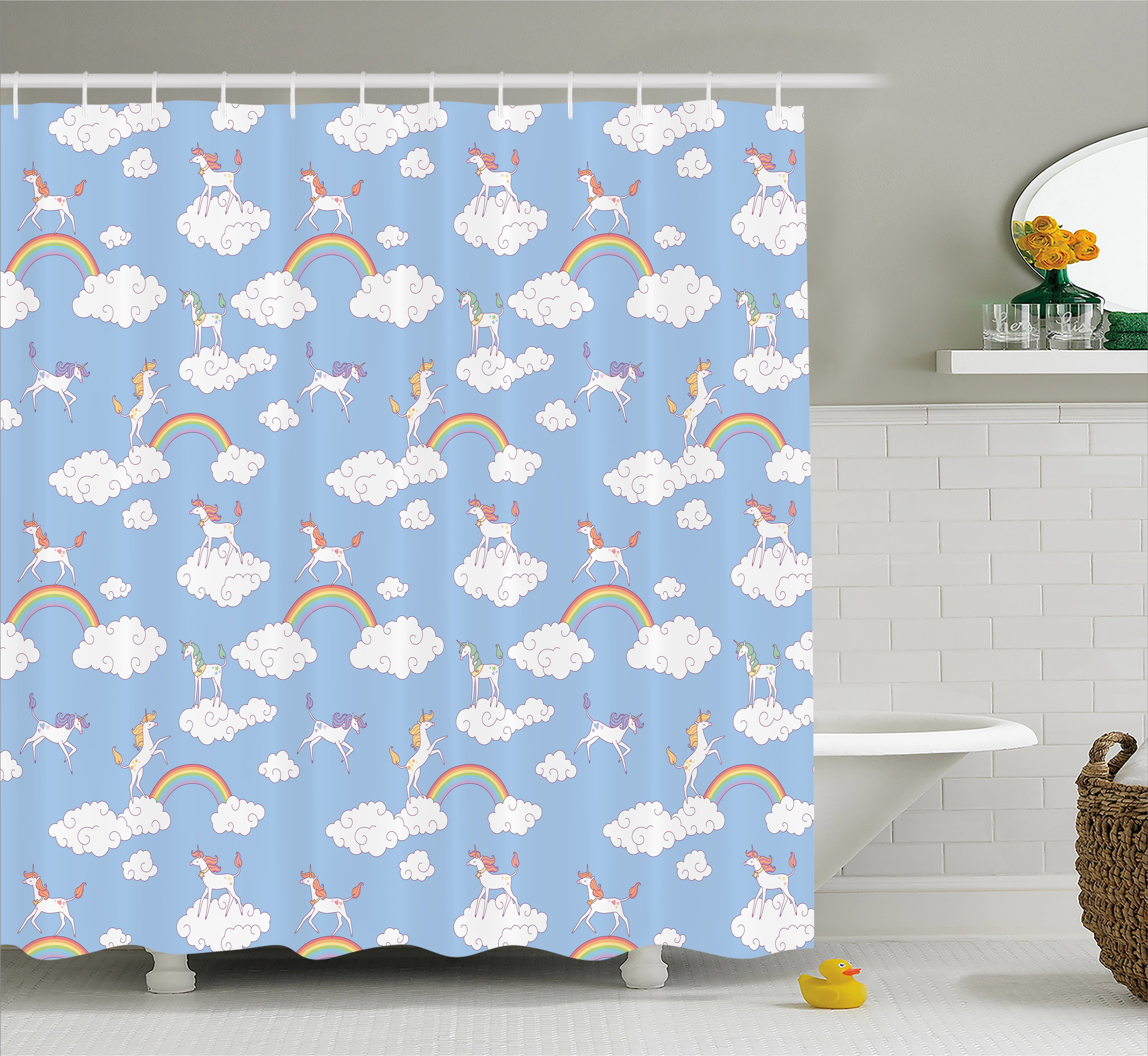 Nursery Shower Curtain, Cute Mythical Creatures Walking and Jumping