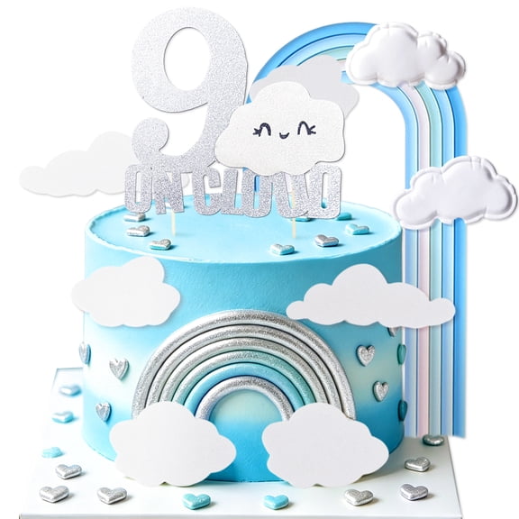 9th Birthday Cake Decoration Set - Cloud 9 Theme with Silver Blue Rainbow & White Clouds for Festive Celebrations