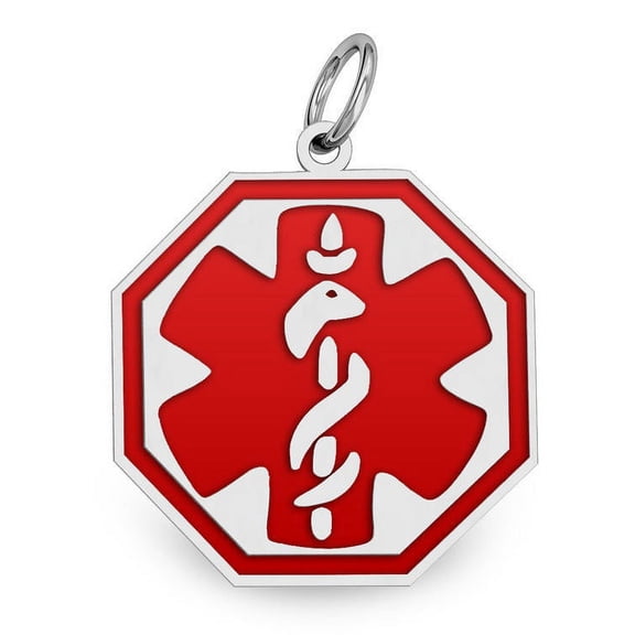 Sterling Silver Octagon Medical ID Charm or Pendant W/ Red Enamel - 1/2 Inch X 1/2 Inch