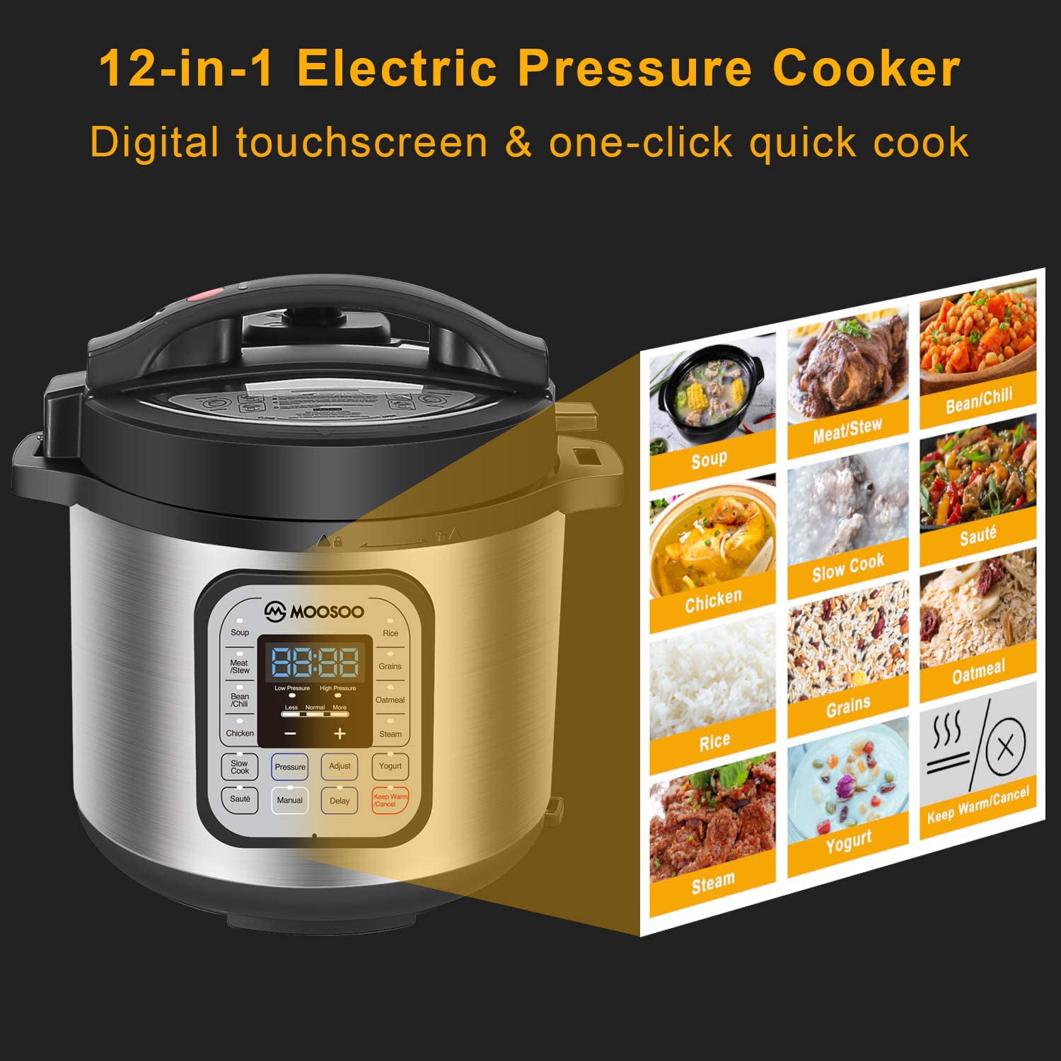 Moosoo 6 Quarts Electric Pressure Cooker with Auto-off, Fast Heating 
