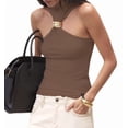 thumbnail image 3 of Women Halter Neck Pleated Twist Front Tank Tops Trendy Slim Fit Sleeveless Hollow Out Halter Top Clubwear Brown M, 3 of 9