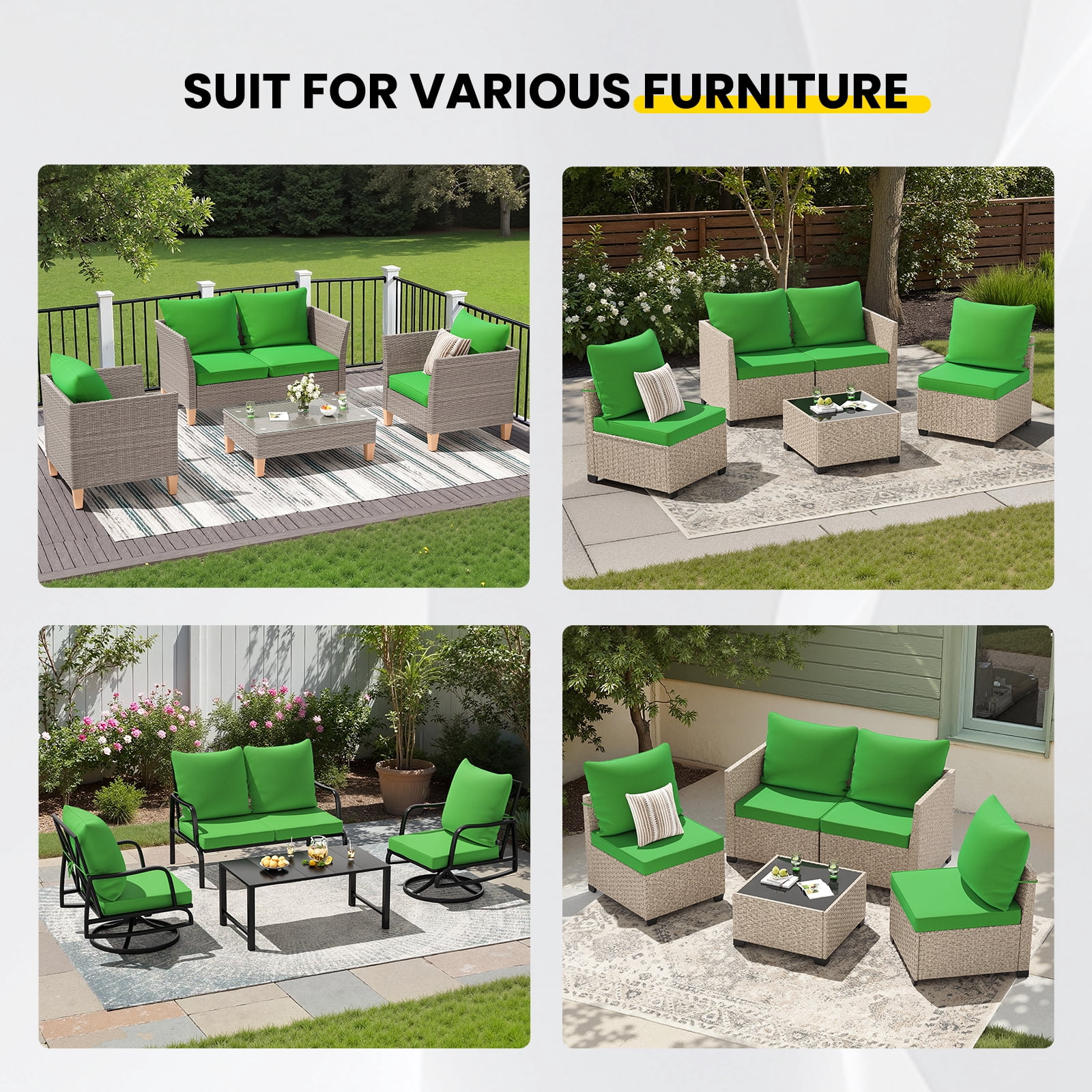 STARY Outdoor Deep Seat Cushions for Patio Furniture, 24"x24" Replacement Sectional Cushions for Outdoor Sofa, Armchair, 4 Pieces, Green