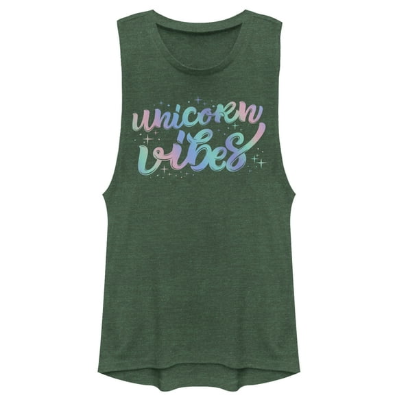 Junior's CHIN UP Unicorn Vibes  Festival Muscle Graphic Tee Pine Green Heather Medium