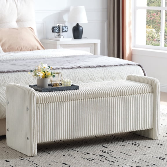 Pinmoco 44" Upholstered Storage Bench, Wood Frame Entryway Bench with Storage for Bedroom & Living Room, Corduroy Beige