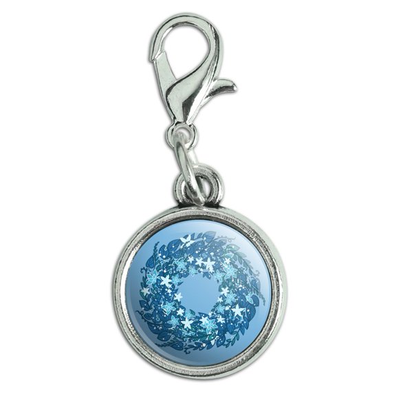 Winter Wreath Flowers Blue Antiqued Bracelet Pendant Zipper Pull Charm with Lobster Clasp