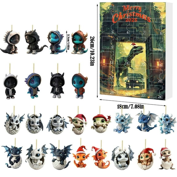 LanSuare Christmas Advent Calendar 2025, 24 Pcs Acrylic 2D Flat Dinosaur Hanging Ornaments, Christmas 24 Days Countdown Calendar, Party Favor Gifts for Grandkids