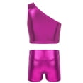 thumbnail image 2 of TSSOE Kids Girls 2 Piece Dance Athletic Tracksuit Shiny Metallic Sleeveless Single Shoulder Crop Top Rose 150, 2 of 6