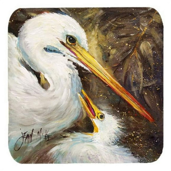 White Egret Feeding Baby Foam Coasters, Set Of 4