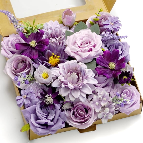 Piklado Caja Combinada De Flores Artificiales, Juego De Flores Artificiales, Hojas Sueltas Y Tallos, Ramo De Centro De Boda, Novia, Boda, Baby Shower (Lavanda Y Morado Oscuro)