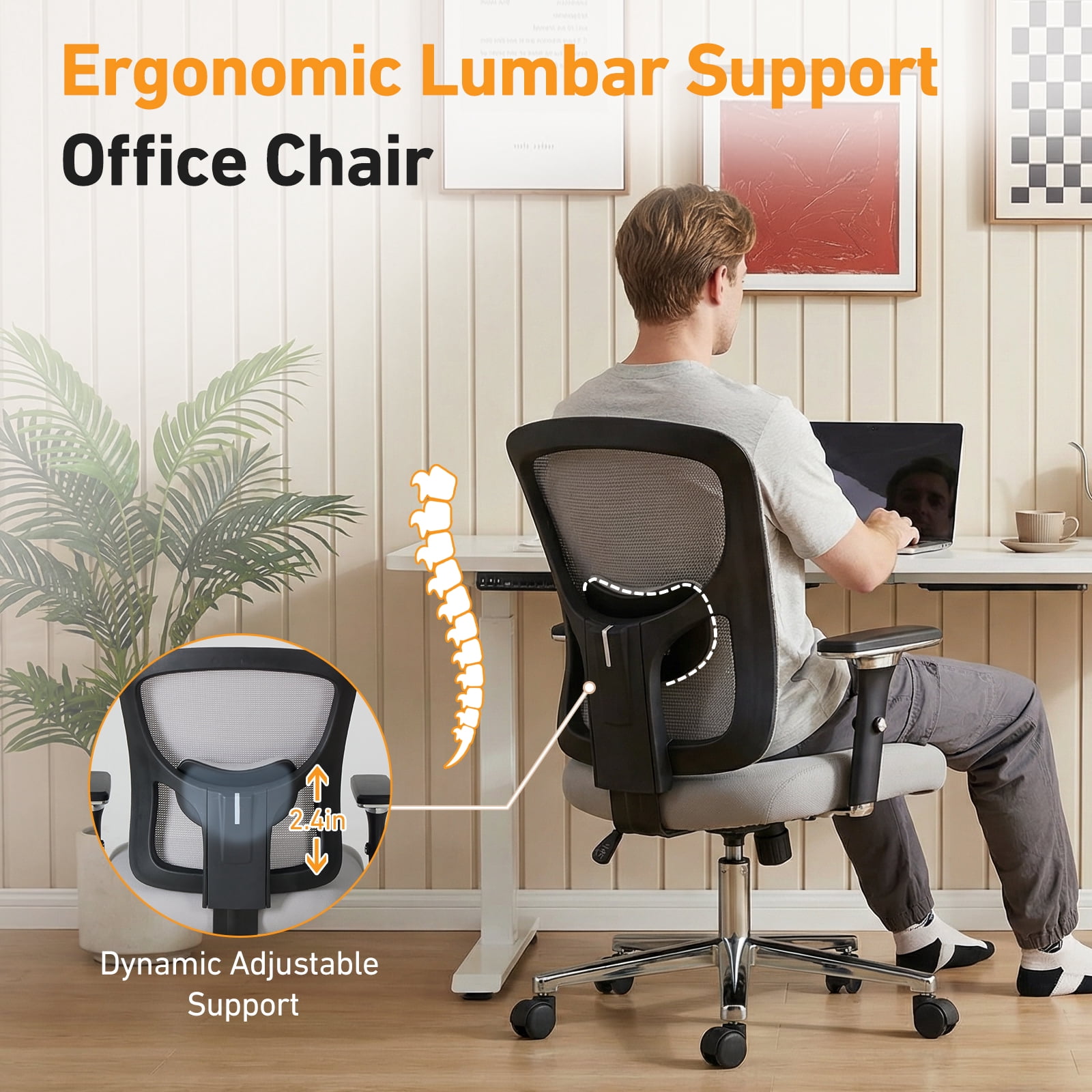 CONCETTA Heavy-Duty Big & Tall Mesh Office Chair, Ergonomic Desk Chair with Lumbar Support, Adjustable 4D Armrests & Adjustable Backrest, Swivel Wheels, 500 lb Capacity — Gray