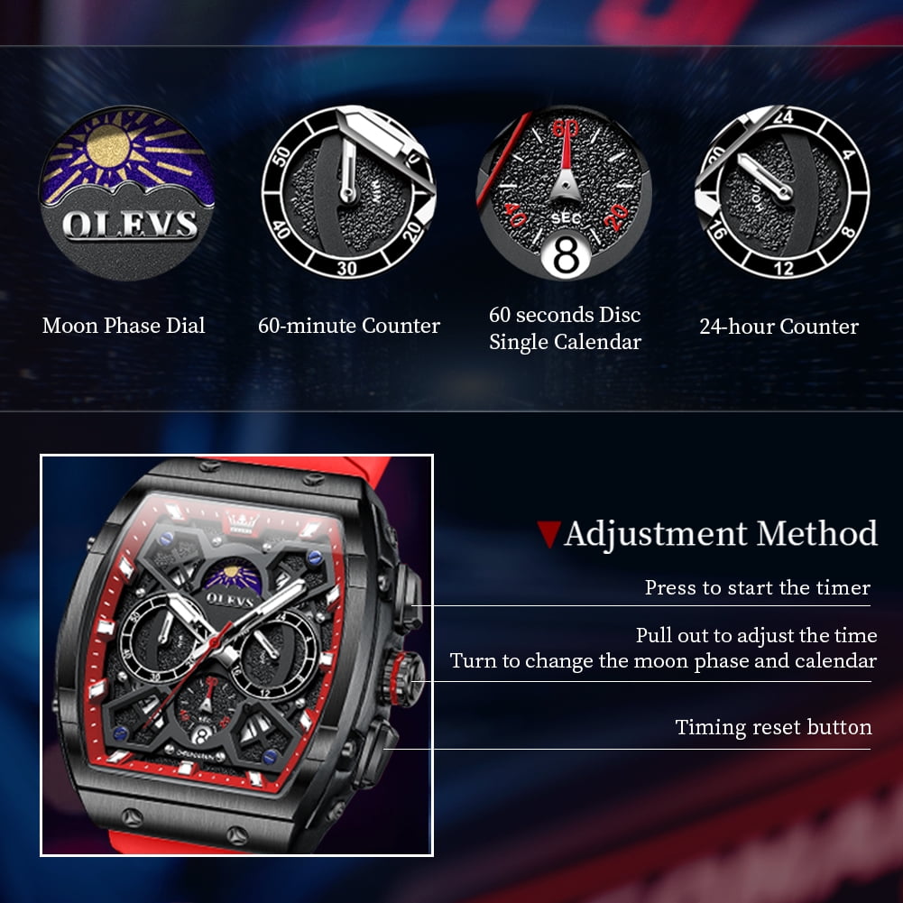 OLEVS Watches for Men Chronograph Waterproof Luxury Dress Quartz Silicon Strap Multifunction Moon Phase Calendar Luminous Men Wrist Watches Reloj Para Hombre Black/Red