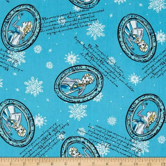 Disney Frozen Sisters Elsa Framed Sketch Blue 100% Cotton Fabric By The Yard