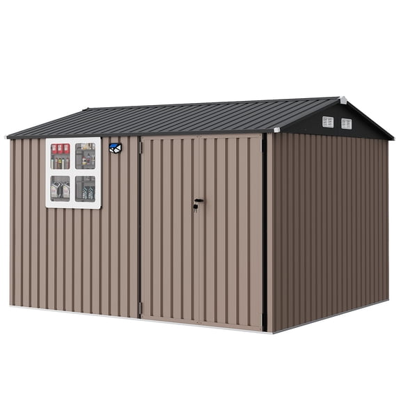 10x8FT Metal Storage Shed with Sloped Roof, Lockable Doors, Solar Light, Windows, and Vents, Outdoor Storage Sheds for Garden, Backyard, Patio Tools and Equipment,（ship in 2 boxes）Floor not included