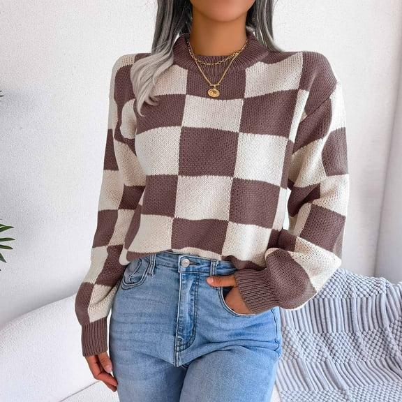 successthop Oversized Sweaters Shirt Womens Round Neck Pullover Long Sleeve Top Plaid Tee Shirt Oversized Cable Knit Outfits Casual Cute Tunic Warm Clothes Coffee S