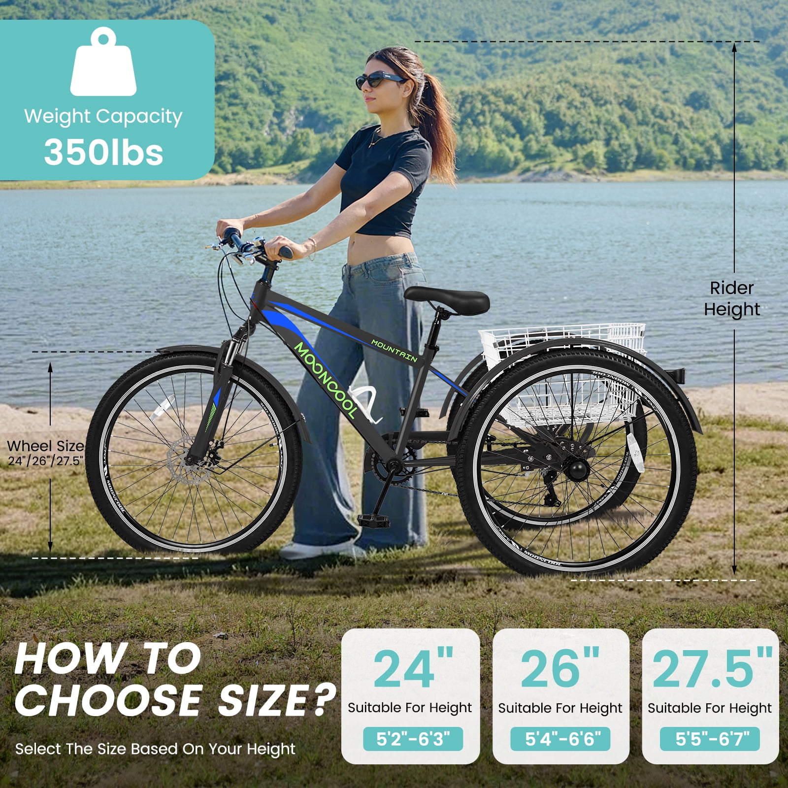 Mooncool Mountain Tricycle for Adults, 7 Speed Three Wheel Bike, 24/26/27.5 Inch Adults Trikes with Shopping Basket, Exercise Men's Women's Tricycles