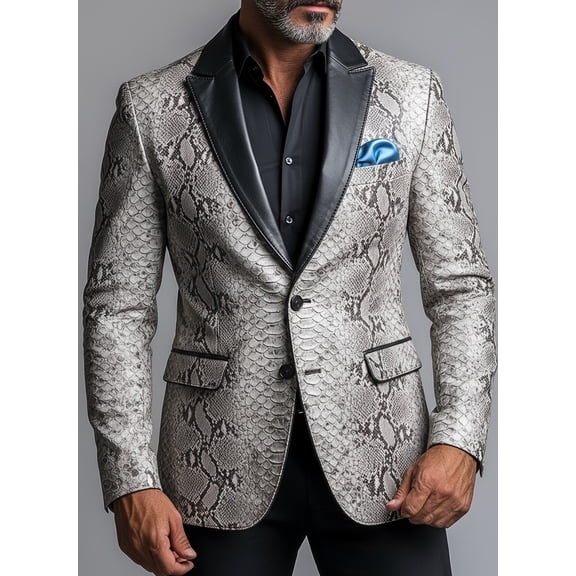 Men's Grey Snake Print PU Leather Blazer, Black Leather Notch Lapel Slim Fit Single-Breasted Sport Coat