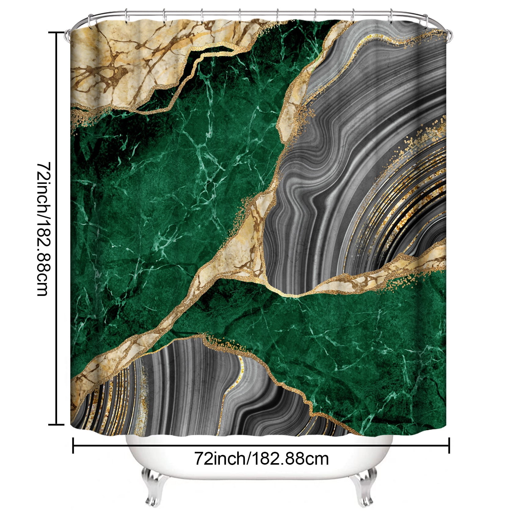 4Pcs Marble Shower Curtain Sets, Bathroom Decor Sets, Luxury Shower Curtain with 12 Hooks, Bath Mat, Toilet Lid Rug and Non-Slip U Shape Mat Accessories Marble Print, 72 x 72 Inch, Green