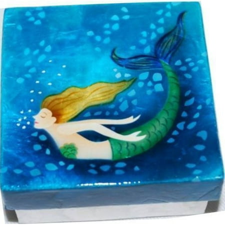 Kubla Crafts Capiz Shell Mermaid Swim Blue Trinket Jewelry Gift Change Box