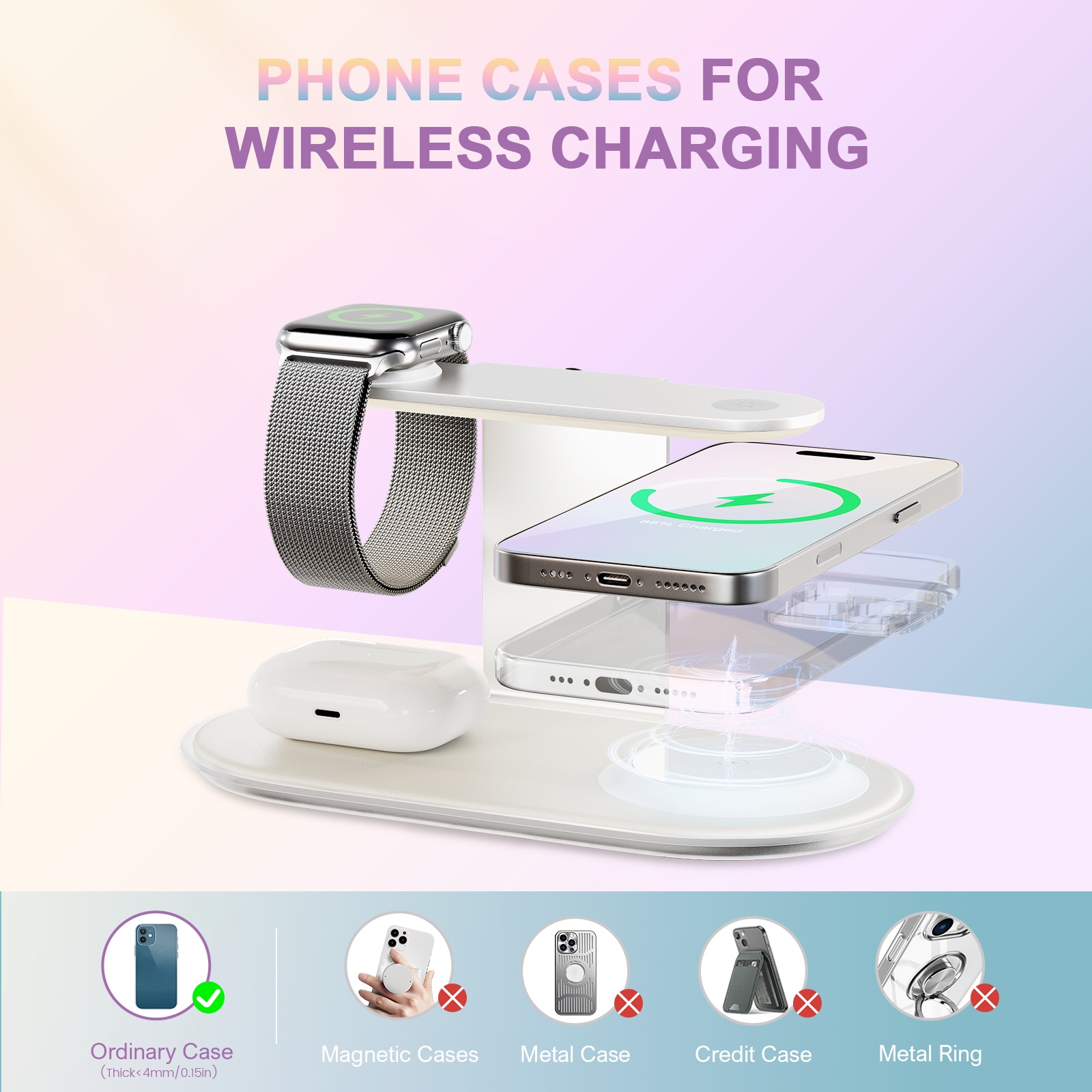 4 in 1 Charging Station,MagSafe Wireless Charger with Three Level soft Night Light 15W Max Fast Charging for iPhone 17 16 15 14 13 12,for iWatch Series for AirPods,USB-C Charger Included,White