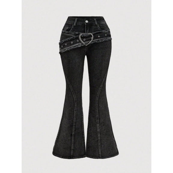 Stylish Plus Size Flare Leg Denim Jeans with Rhinestone Accents and Belt Detail in Medium Stretch Fabric
