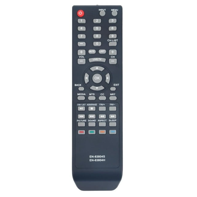 New EN-83804S replacement TV remote control compatible with Sharp and Hisense models, including LC-40Q307U and 65Q6020U. Made of durable black ABS material, it features clearly labeled buttons for power, volume, channel navigation, and media functions. Requires 2 AAA batteries (not included).