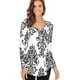 thumbnail image 4 of Blusa Henley informal plisada con cuello en V y manga larga estampada para mujer Tops-Black1 Adepaton CZMR-ST264-2, 4 of 4