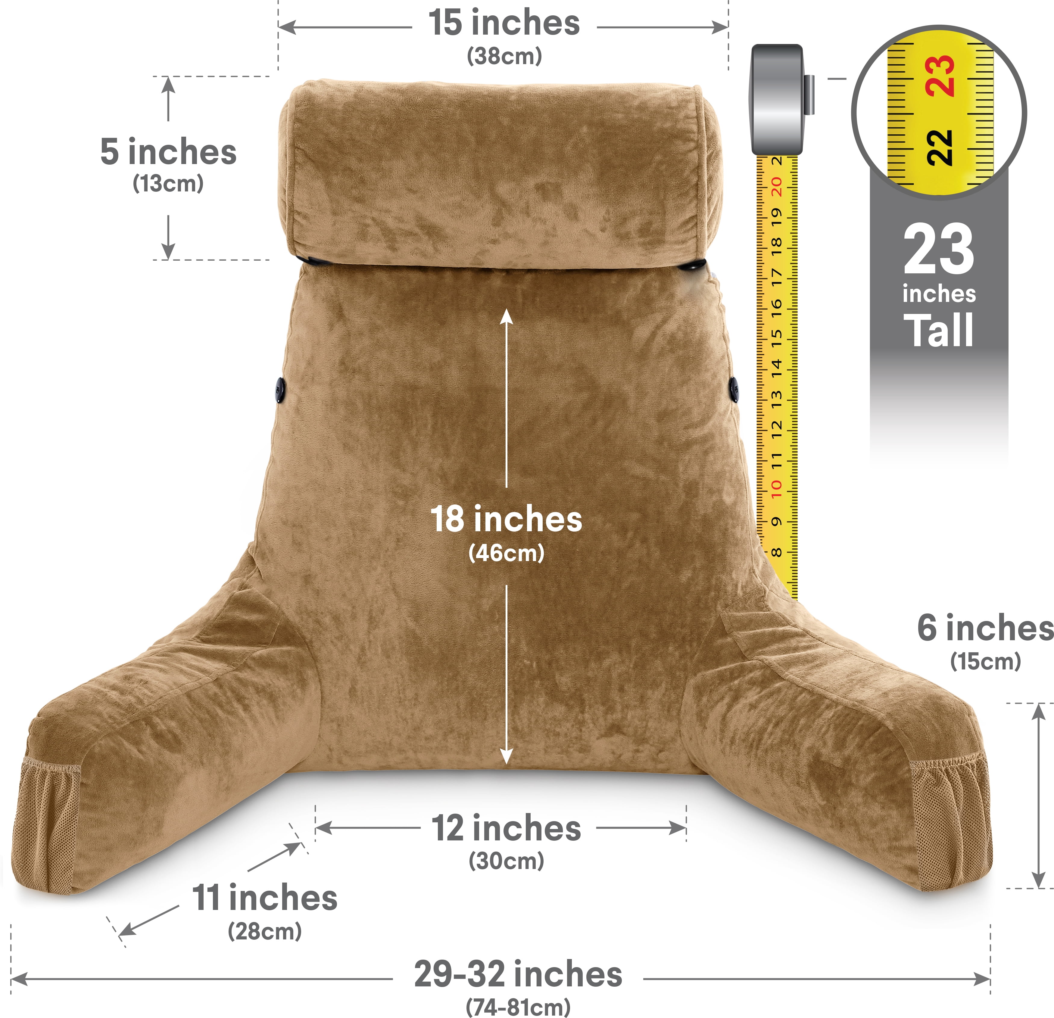 Husband Pillow Medium Tan, Backrest for Kids, Teens, Petite Adults - Reading Pillows With Arms, Adjustable Loft, Plush Memory Foam, Bed Rest Chair for Sitting Up, Detach Neck Roll, Removable Cover