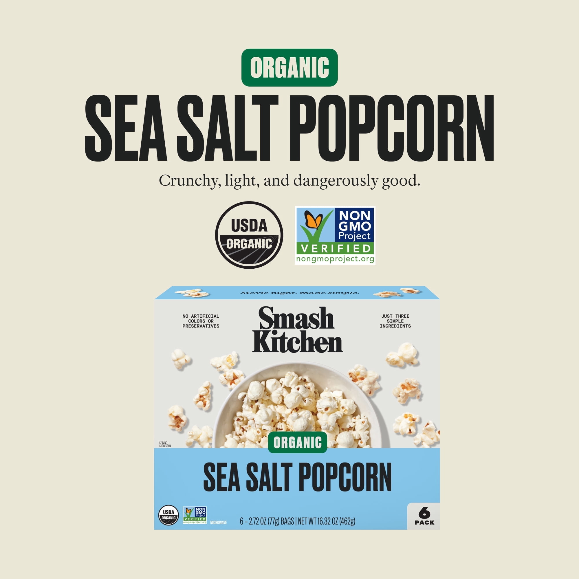 Smash Kitchen Organic Non-GMO Microwavable Naturally Flavored Sea Salt Popcorn, 6 pack