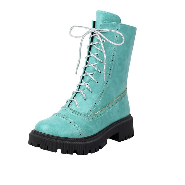 Xfvqtps Bottes d'Hiver à la Cheville pour Femmes Mode Talon Bas à Lacets Bout Rond Confortables Couleur Menthe Unique Design Brogue Bottes Décontractées Vert