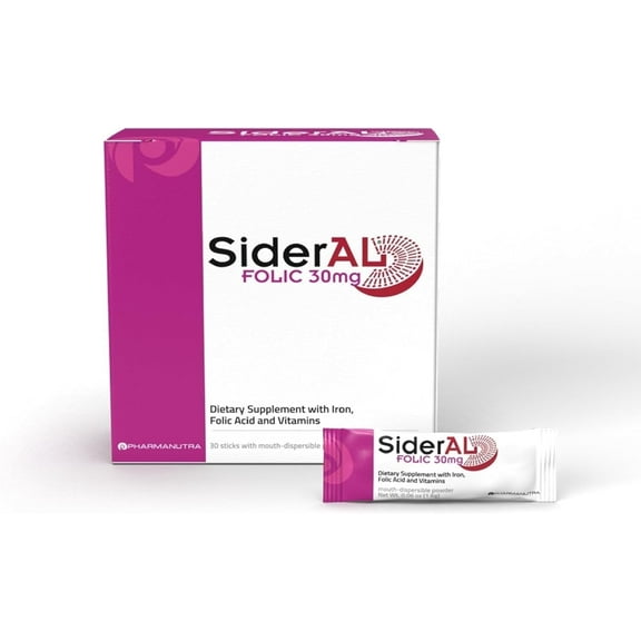 SiderAL® Folic, Iron Supplement for Women, Folic Acid, Vitamin C and B12, 30 Packets
