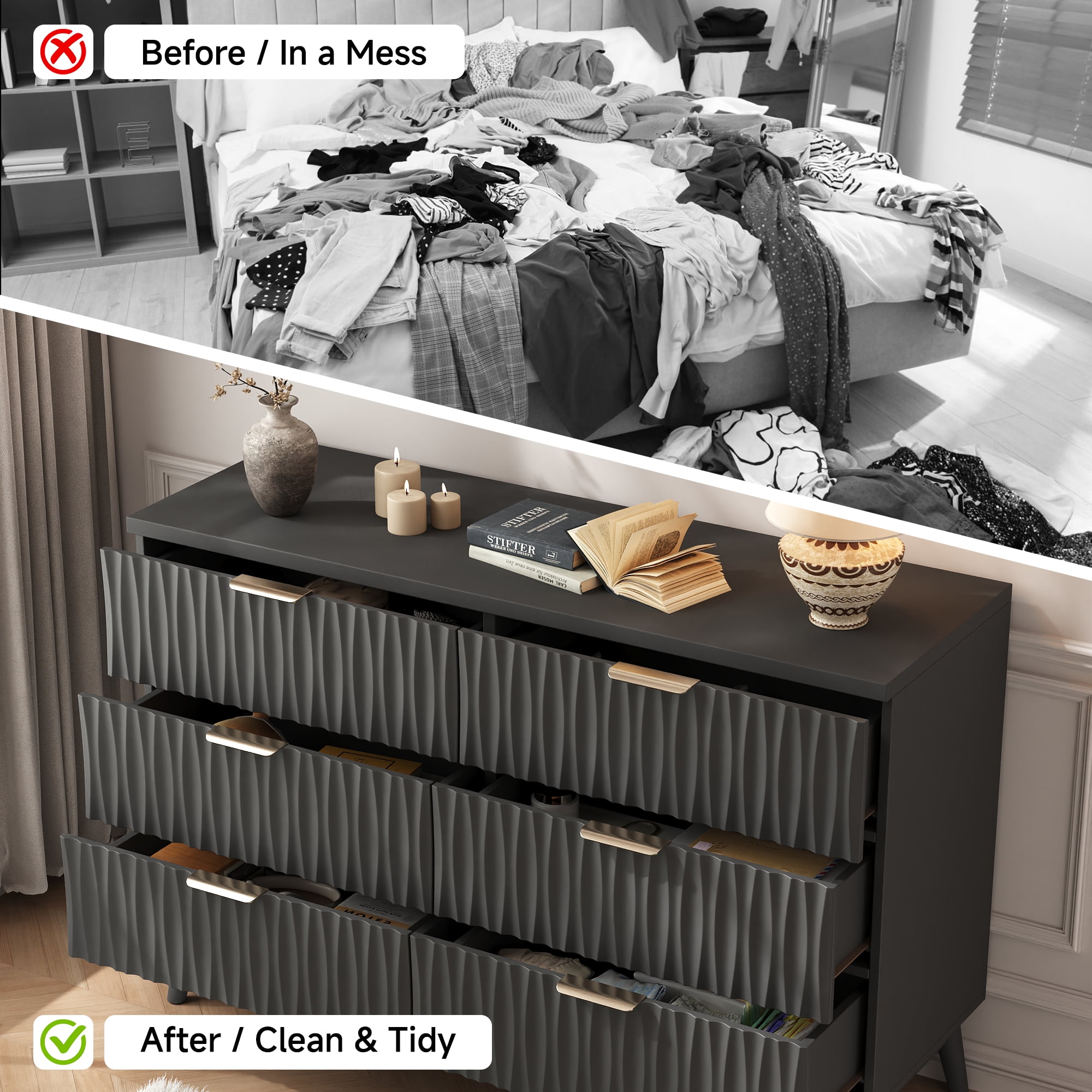 Fluted Dresser for Bedroom with 6 Drawers, 48" Wide Modern Chest of Drawers with Elegant Wave Design, Wooden Dresser TV Stand, Closet Clothes Storage Organizer for Living Room, Hallway