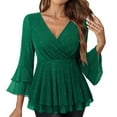 thumbnail image 2 of Nfurl Women Sequin Tops Evening Party Ruffle 3/4 Sleeve Sparkly Tops Elegant Deep V Neck Shiny Blouses Trendy Cocktail Night Out Club Clothes Green M, 2 of 7
